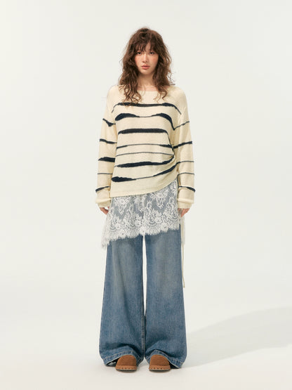 Color-Block Irregular Striped Soft Crewneck - CHINASQUAD