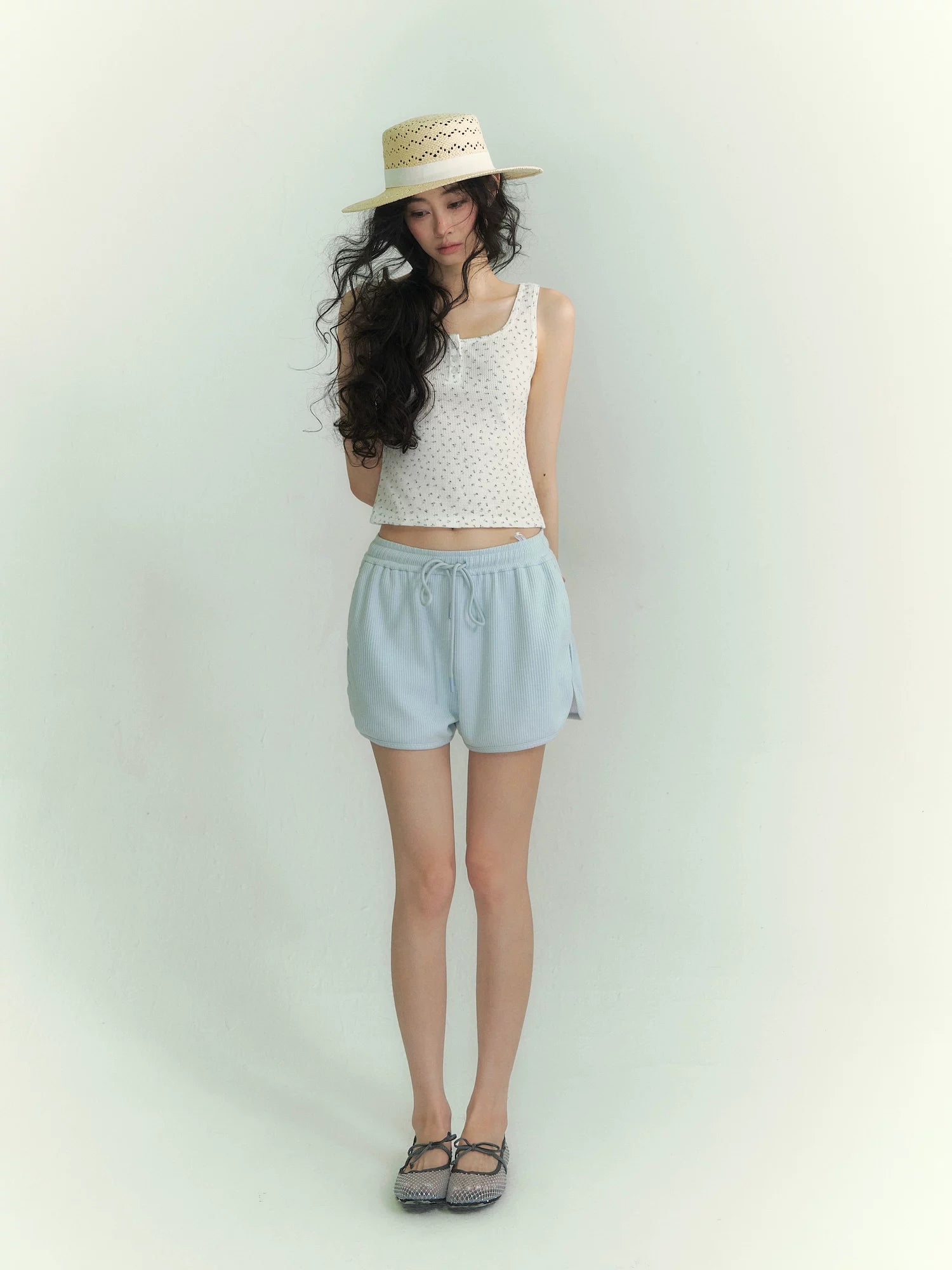 华夫格连帽家居服套装搭配花卉亨利背心