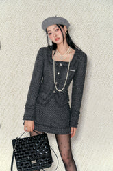 Gray Square Neck Fringed Jacket & Skirt Set - CHINASQUAD