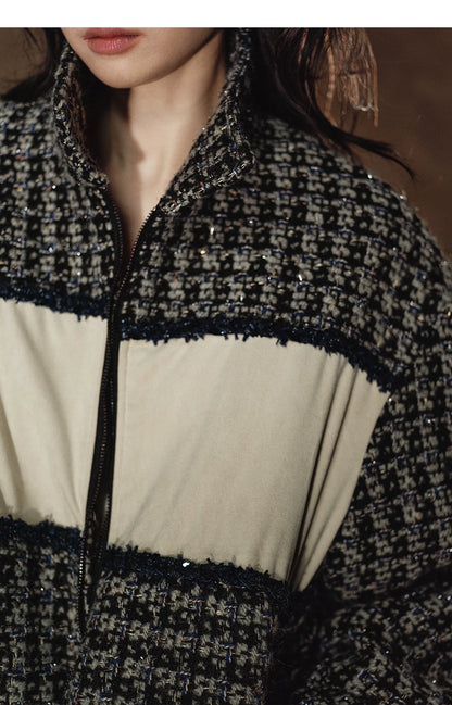 Wool-Blend Colorblock Stand Collar Padded Jacket