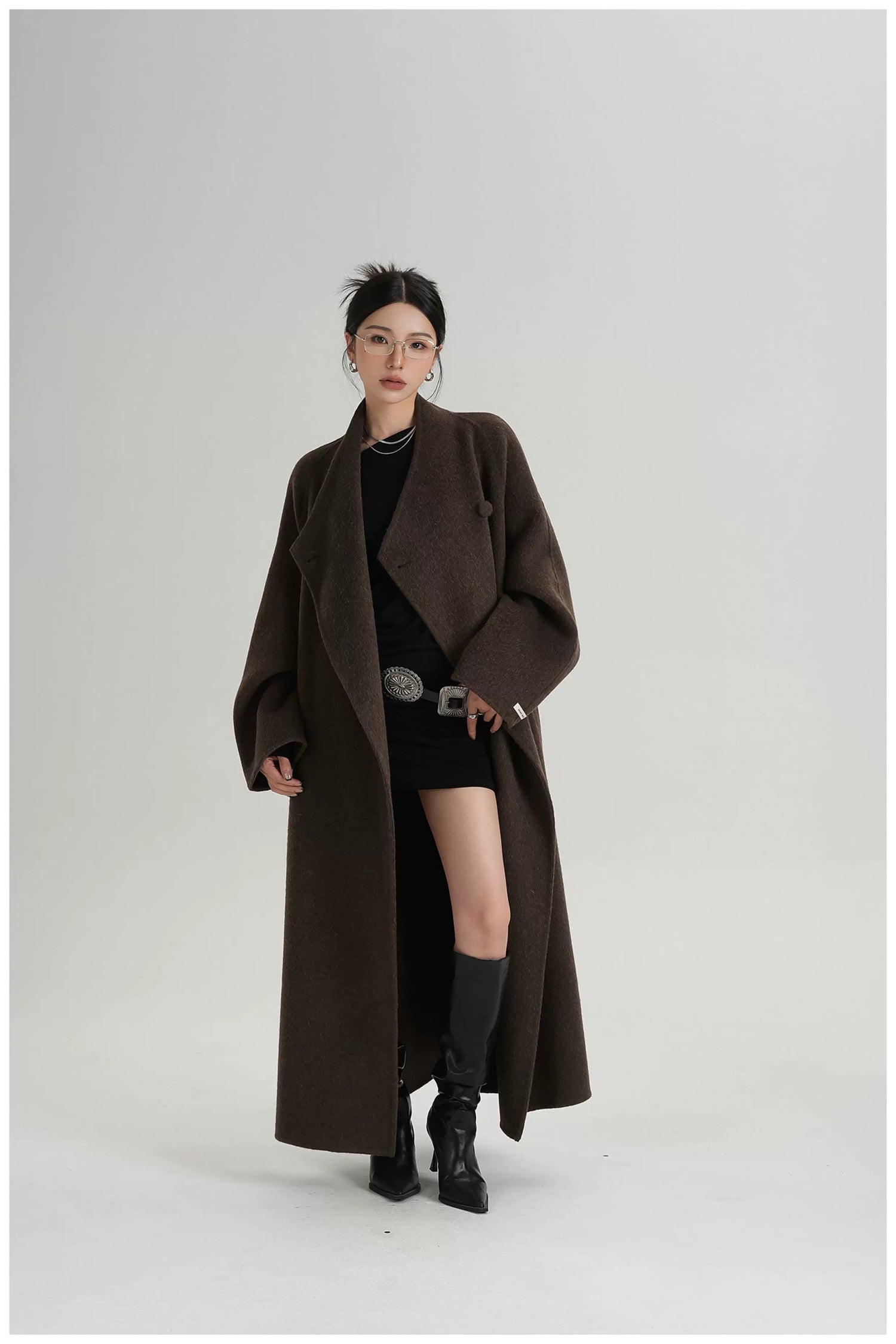 Asymmetric Button Long Wool Coat