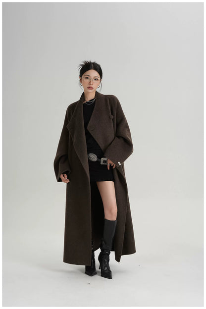 Asymmetric Button Long Wool Coat