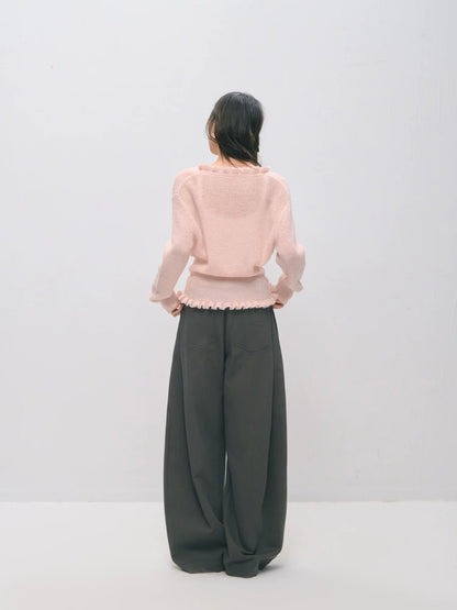 Deep V-Neck Ruffle Waist Cardigan