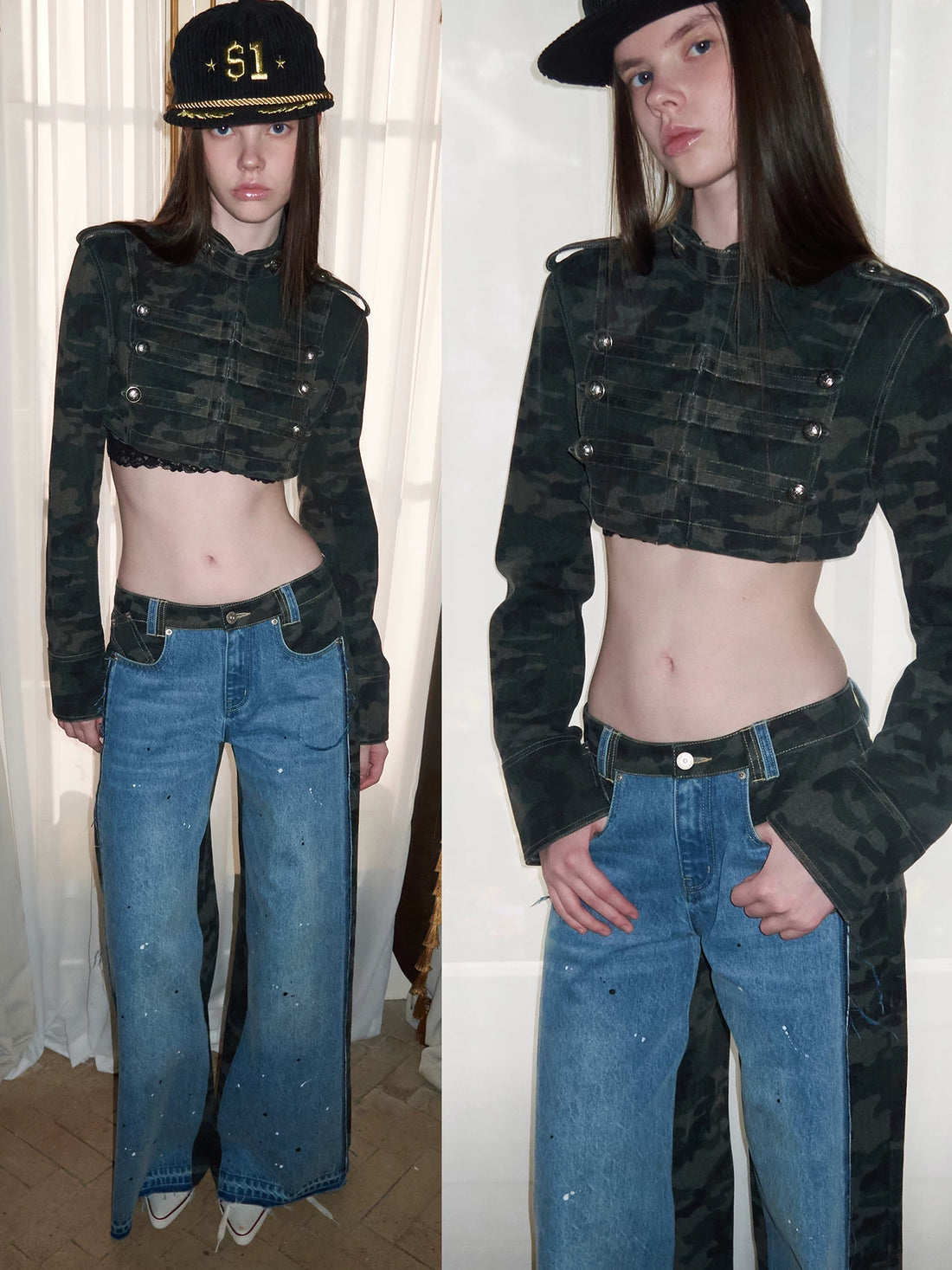 Camouflage Double-Breasted Cropped Jacket &amp; Shorts Set