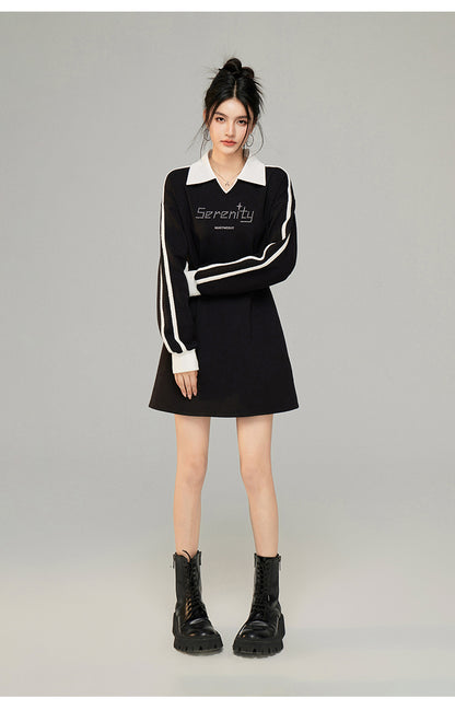 Color-Blocked Waist Cinching Polo V-neck Sweatshirt Dress