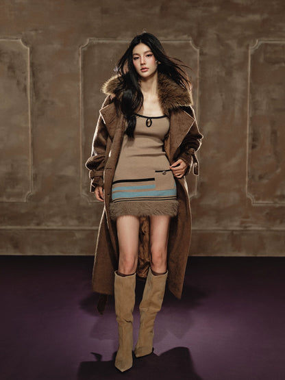 Wool-Blend Long Coat &amp; Striped Slip Dress Set