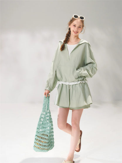 Hooded Drawstring Sun-Protective Jacket &amp; A-Line Skirt Set