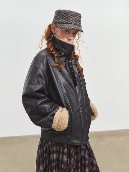 Lamb Wool Collar Faux Leather Biker Jacket