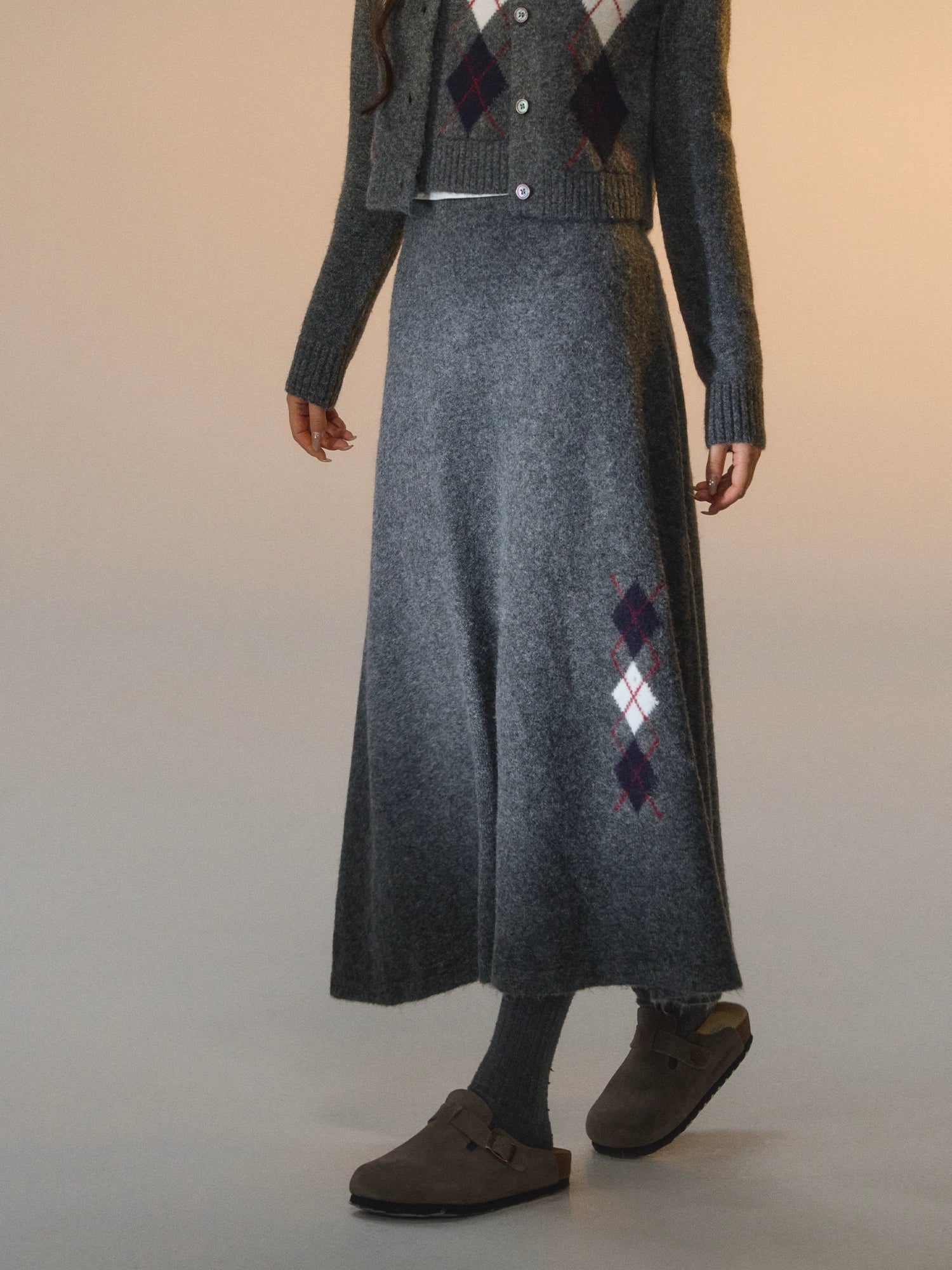 Floral Diamond Knit Vest / Cardigan / Skirt Set