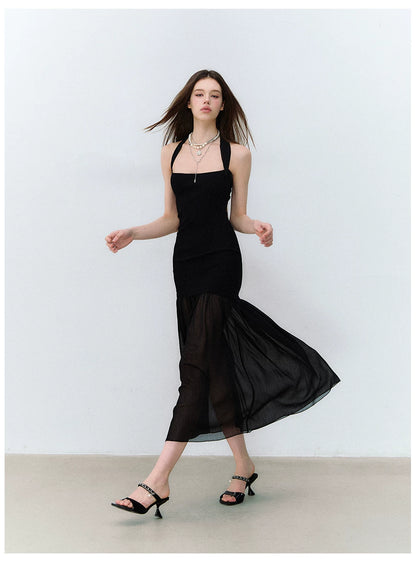 Dark Muse Spliced Mesh Halter Slim Long Dress