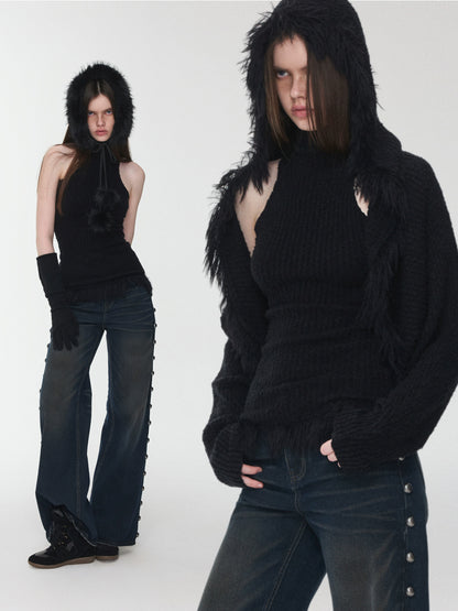 Fringe Knit Vest &amp; Hooded Sleeveless Set