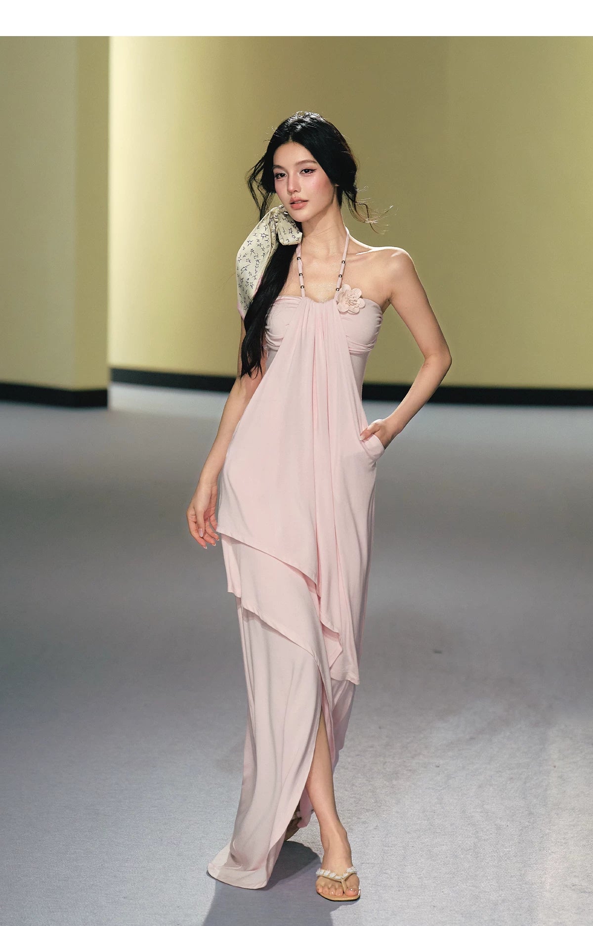 Blush Layered Halter Draped Maxi Dress