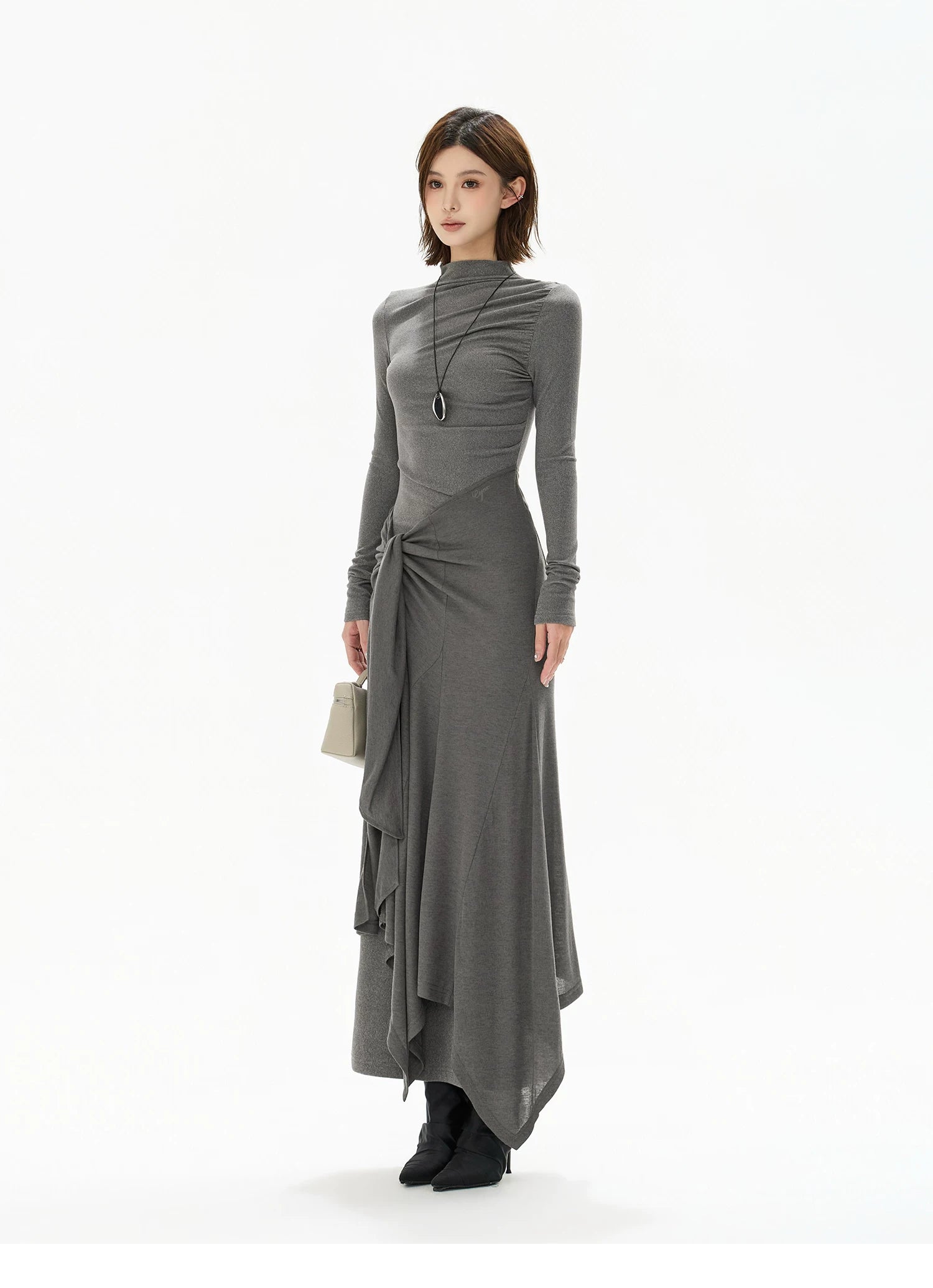 Half-High Neck Tie-Detail Knit Maxi Dress