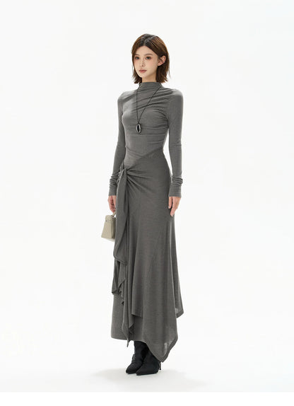 Half-High Neck Tie-Detail Knit Maxi Dress