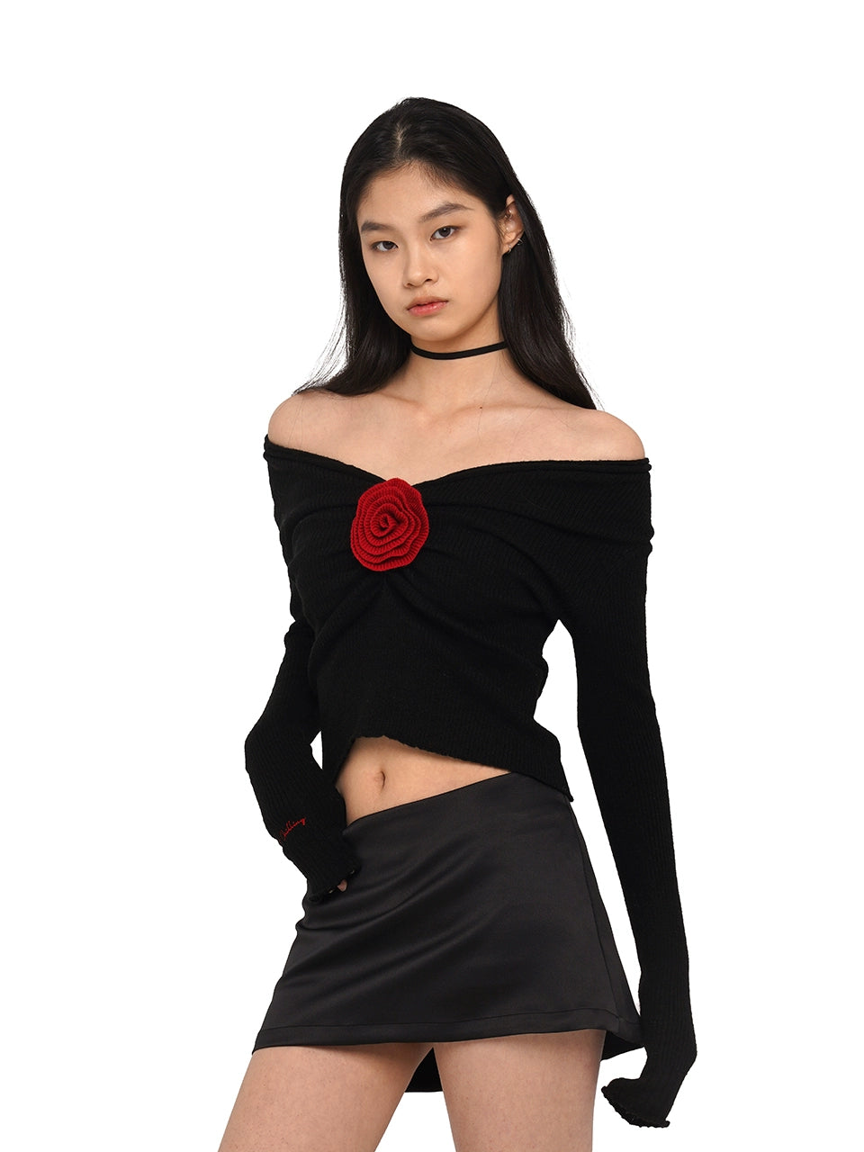 Rose Embellishment V-Neck Sweater