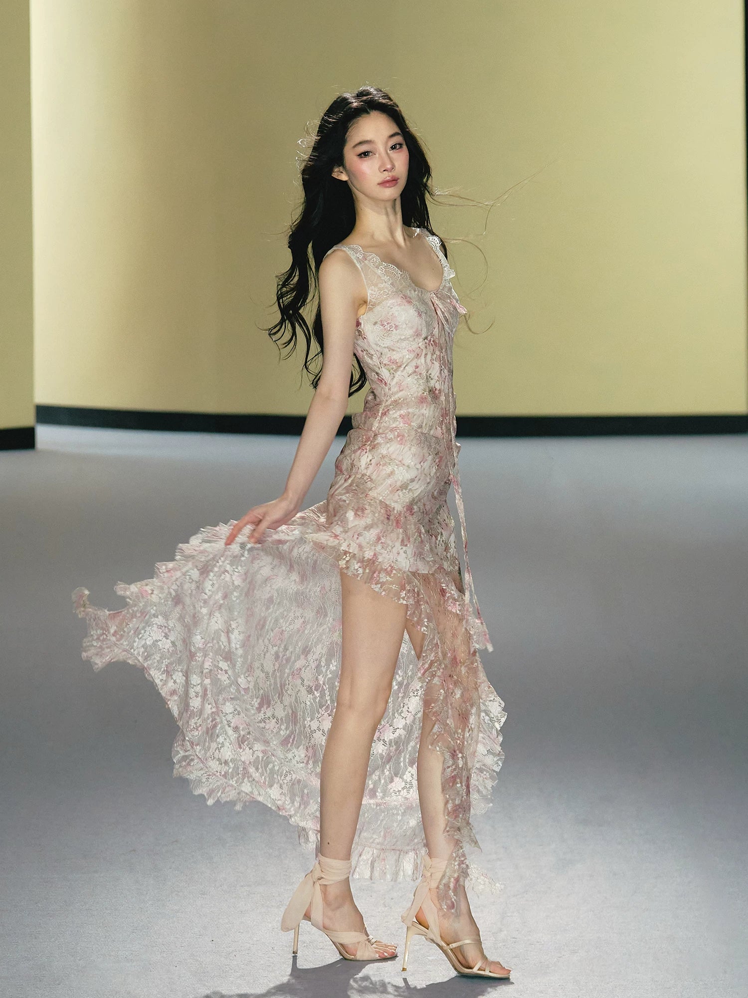Misty Blush Lace-Panel Slip Maxi Dress