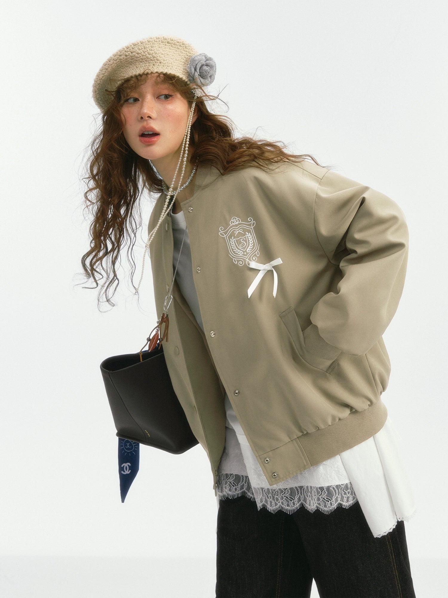 Bow Knot Badge Baseball Jacket