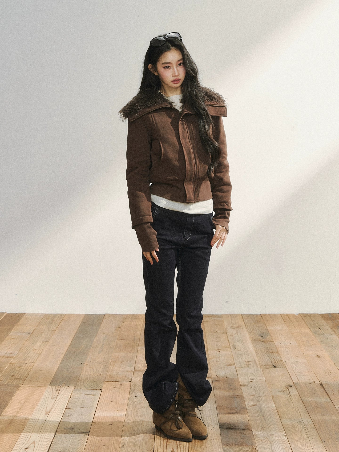 Faux Fur Collar Cropped Sweat Jacket