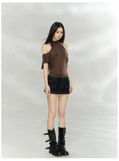 Off-Shoulder Patchwork Knit Cropped T-Shirt