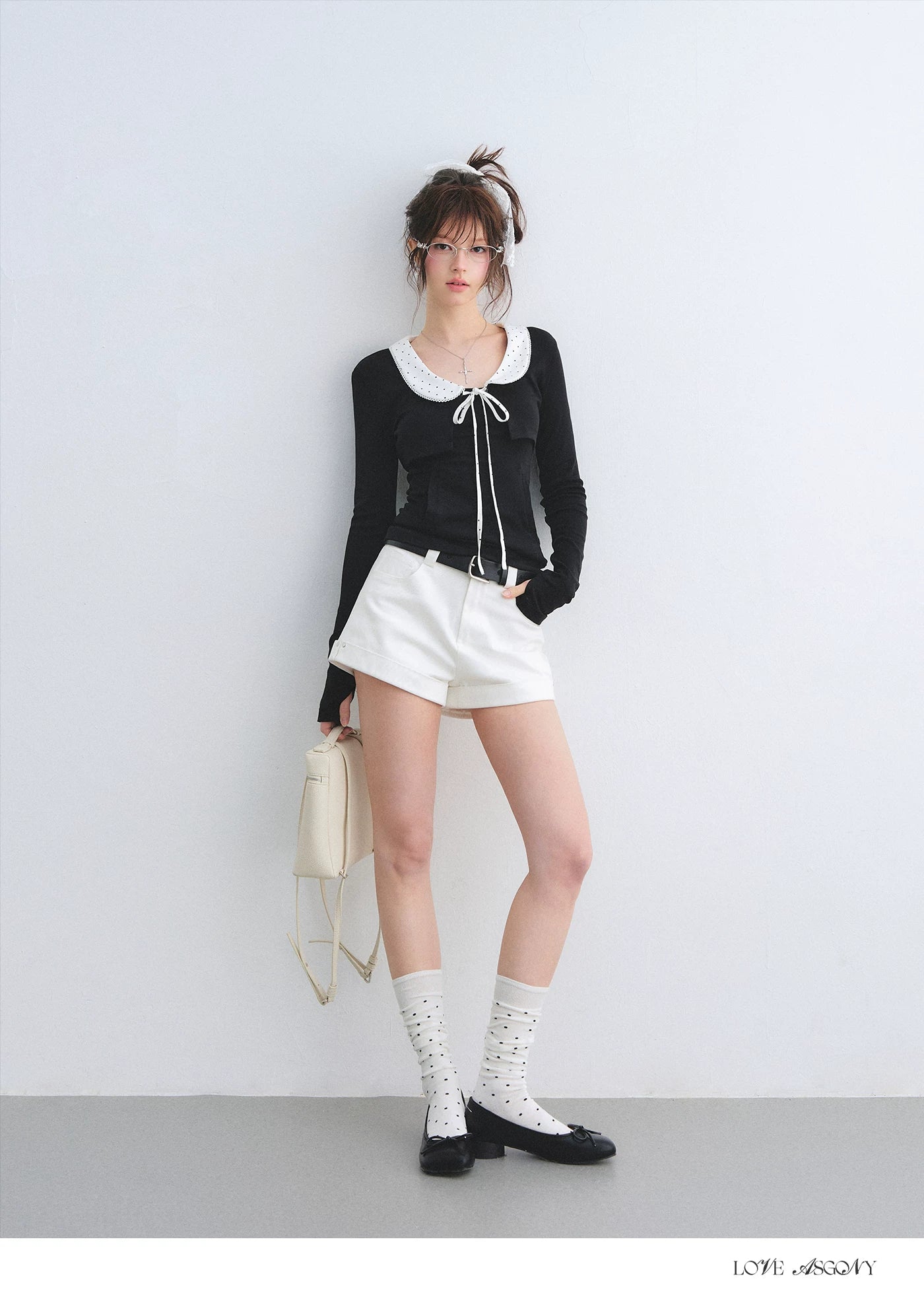 Polka Dot Lace Collar Long Sleeve Cardigan &amp; Cami Two-Piece Set