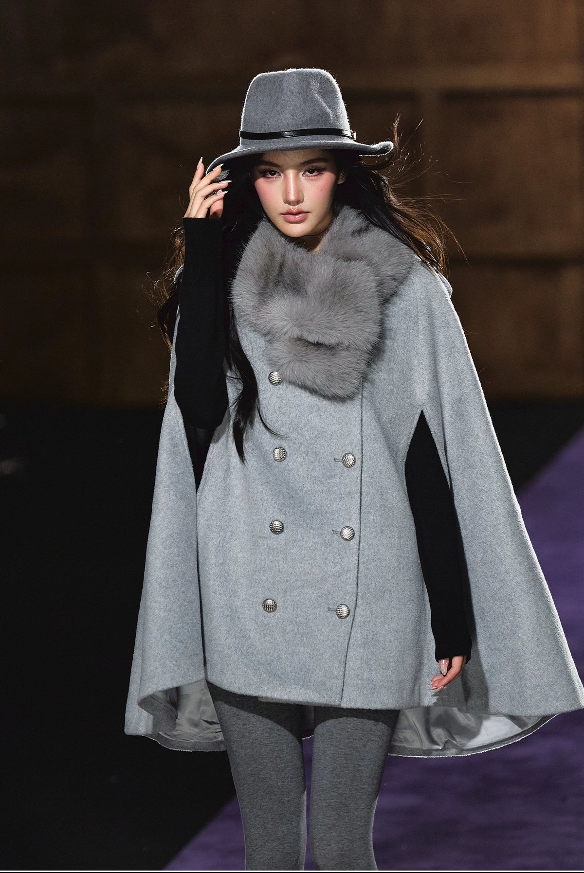 Wool-Blend Detachable Fur-Collar Cape Coat