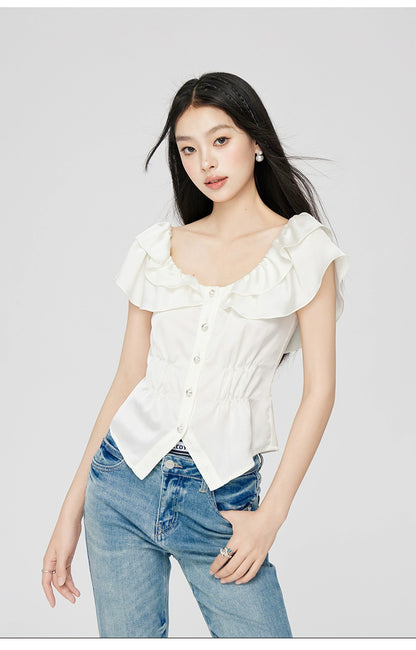 White Ruffled Square Shoulder Shirt - CHINASQUAD