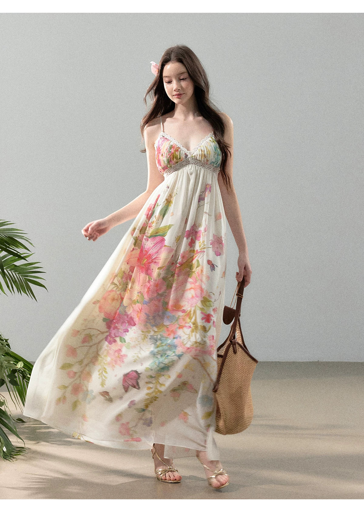 Blooming Vine Floral Chiffon Slip Maxi Dress