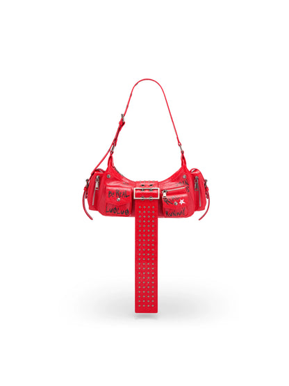 Graffiti-Print PU Cracked-Leather Bag