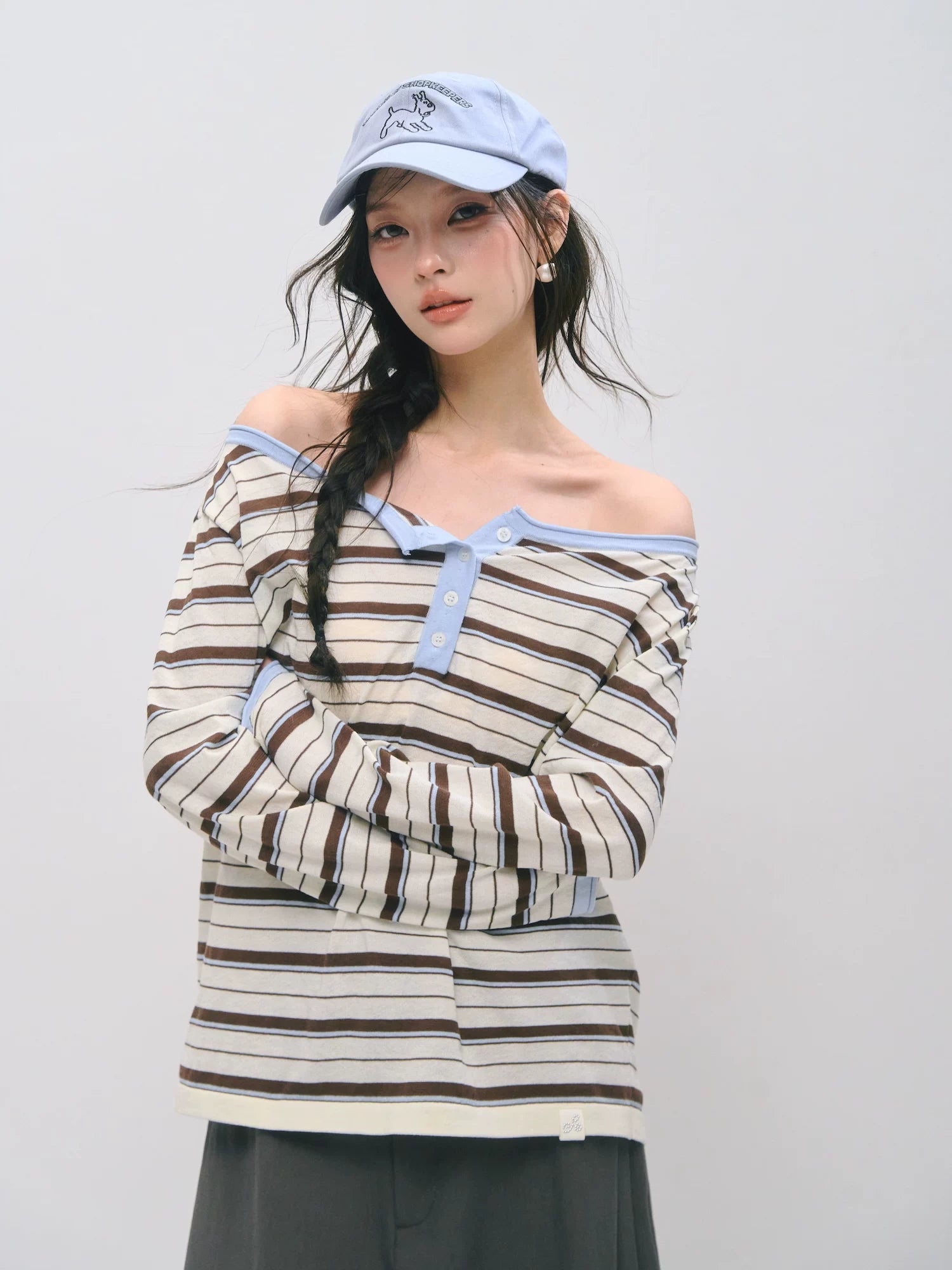 Relaxed Striped Henley Long Sleeve Top