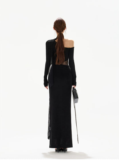 Asymmetric One-Shoulder Knit Evening Dress