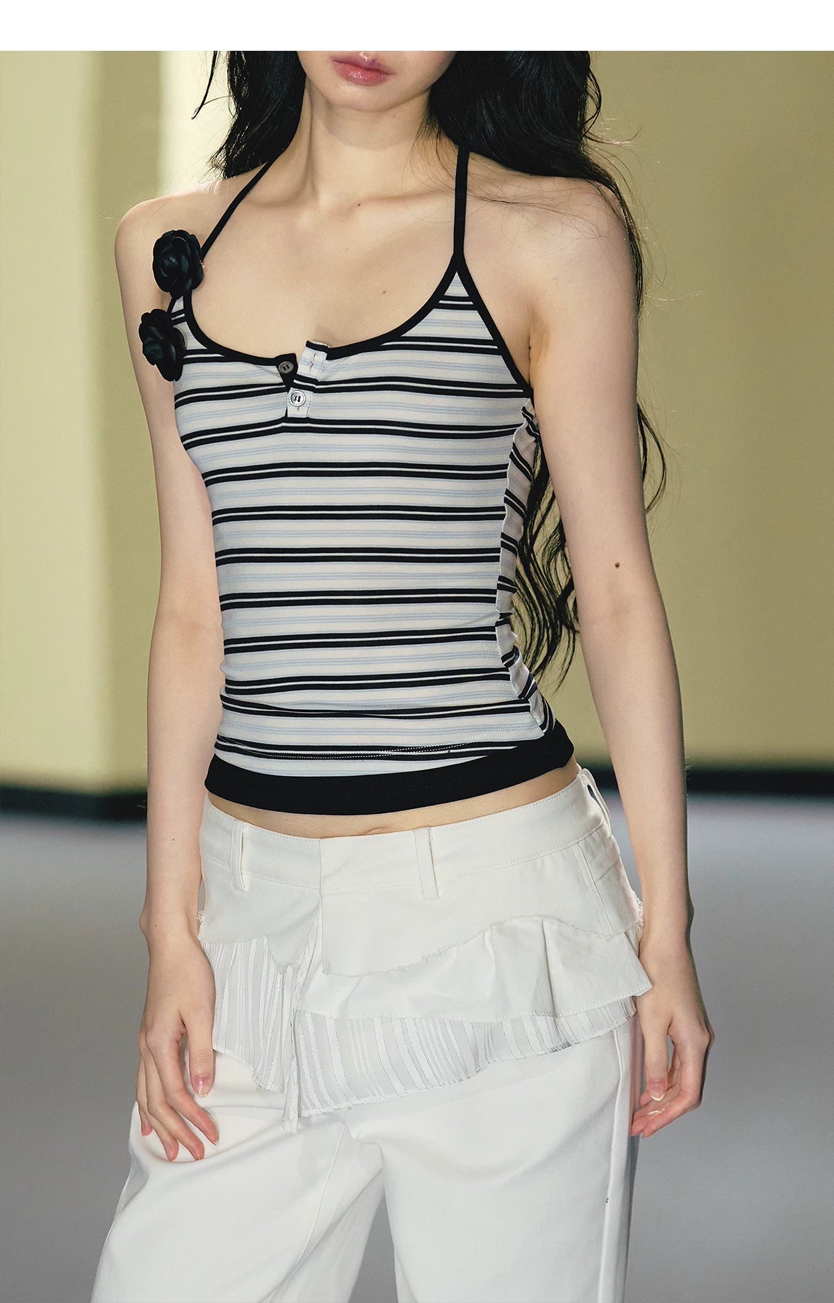 Camellia Contrast-Trim Striped Halterneck Cami