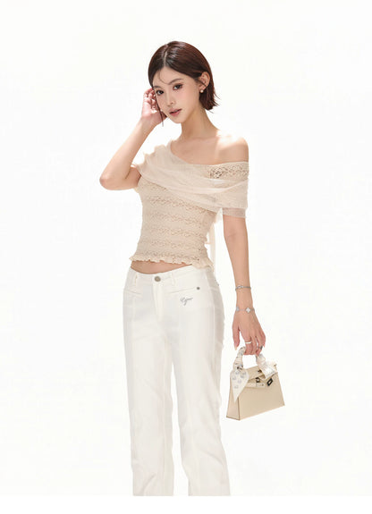 French Romantic Lace Off-Shoulder Knit Top