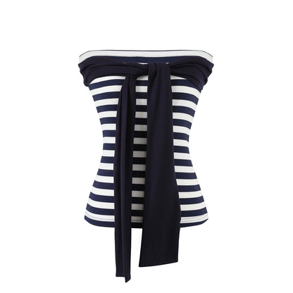 Striped Corset Tube Top &amp; Sheer Pullpver Set - CHINASQUAD