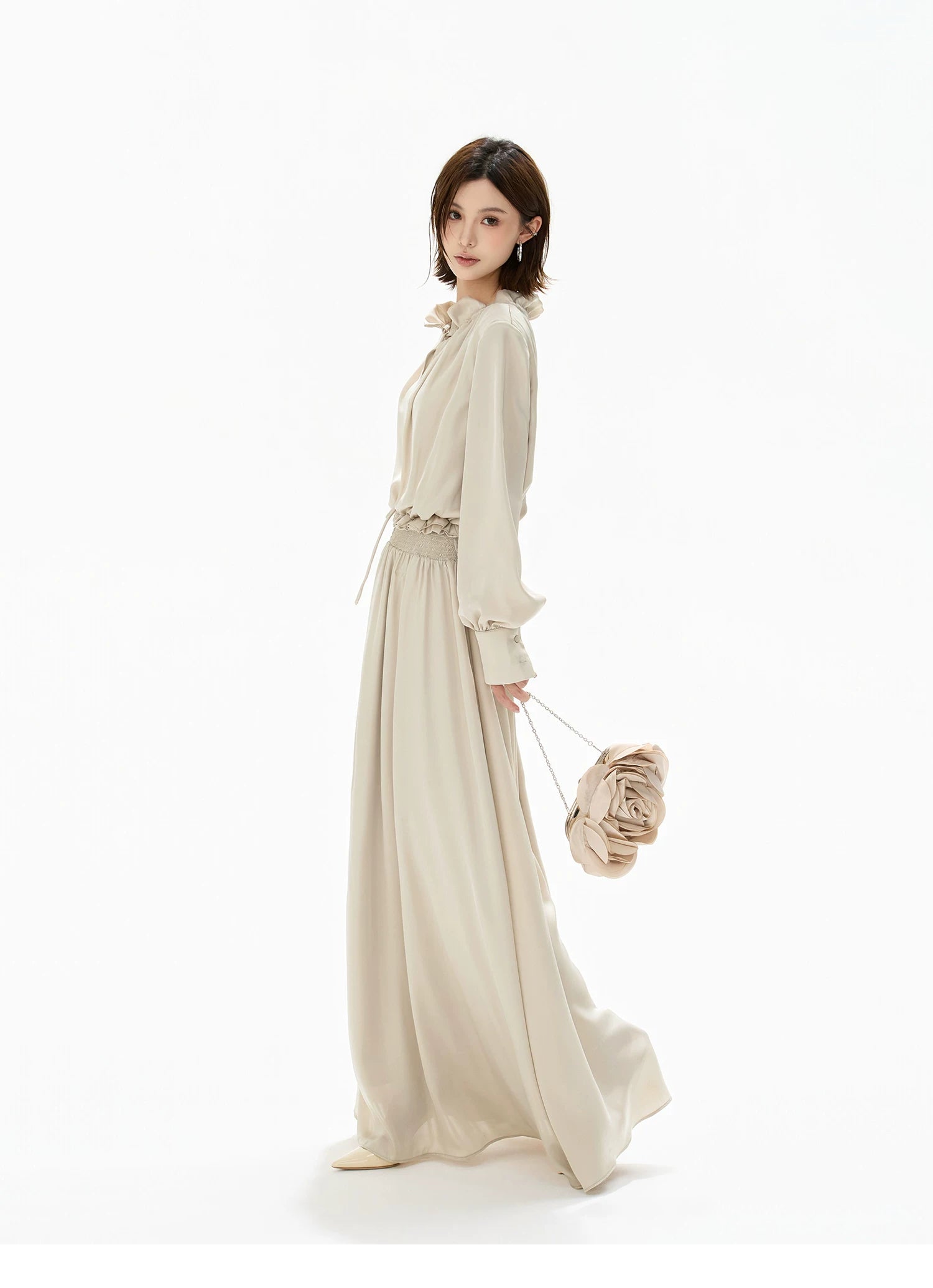Elegant Ruffled Collar Satin Maxi Dress