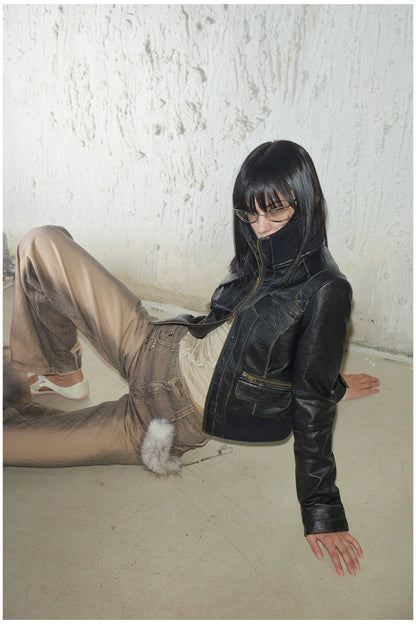 Distressed Cropped Biker Leather Jacket