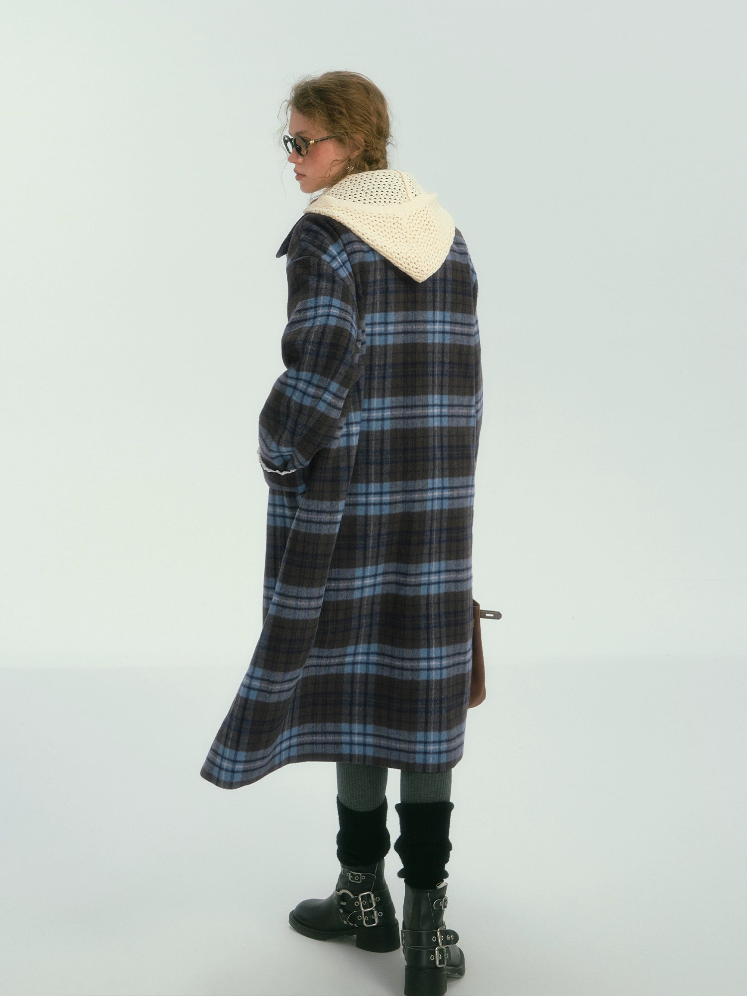 Contrast Plaid Long Woolen Coat