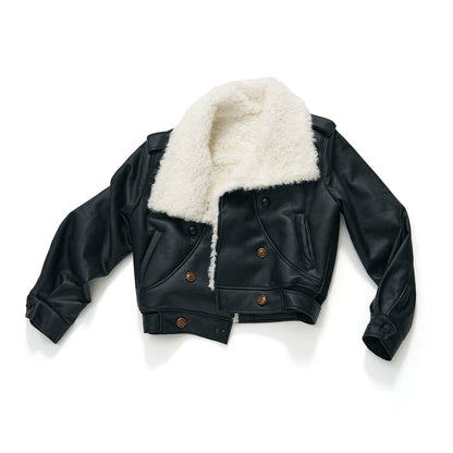 Black Faux Shearling Double-Breasted Leather Jacket