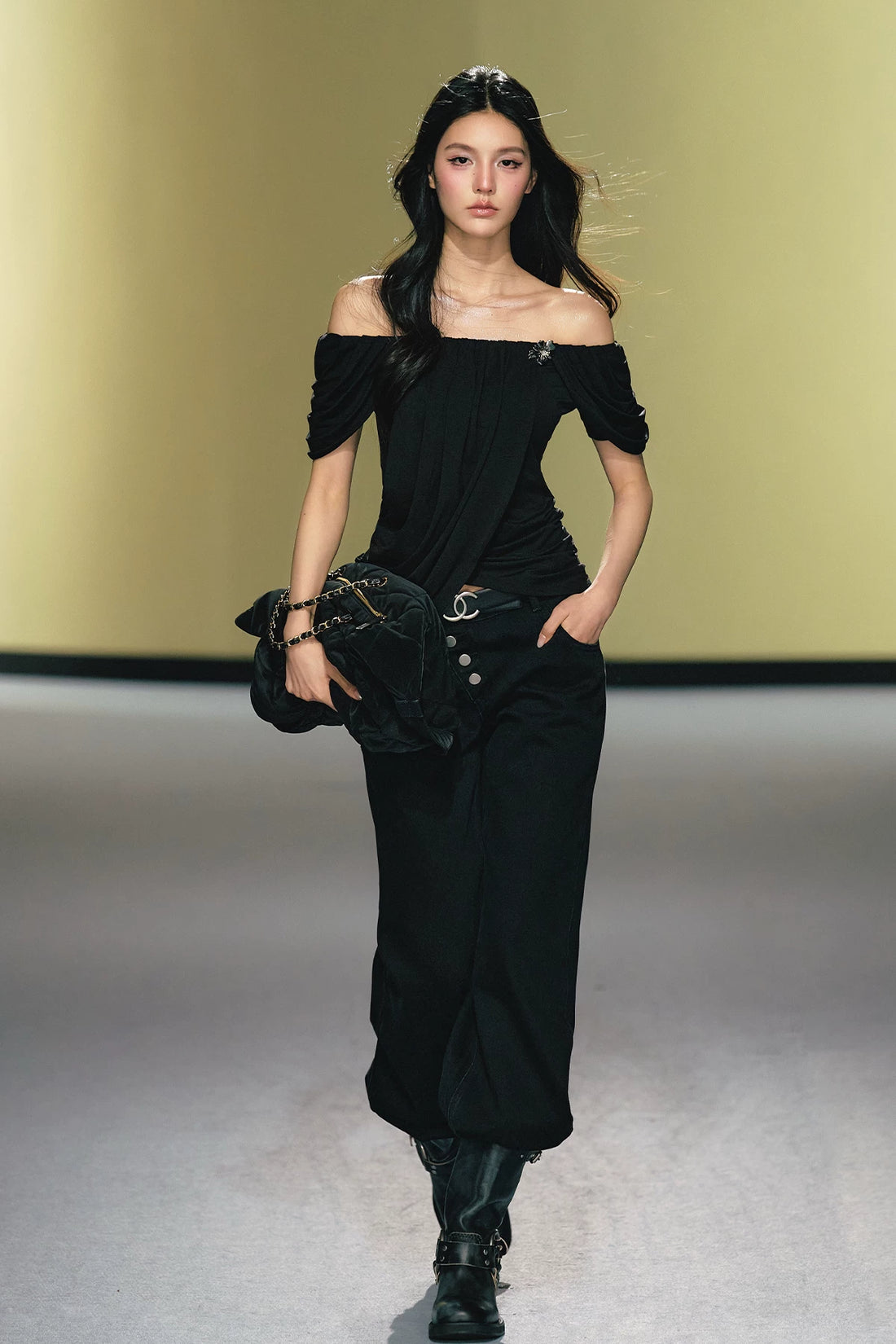 Off-Shoulder Draped Pleated Lyocell Top