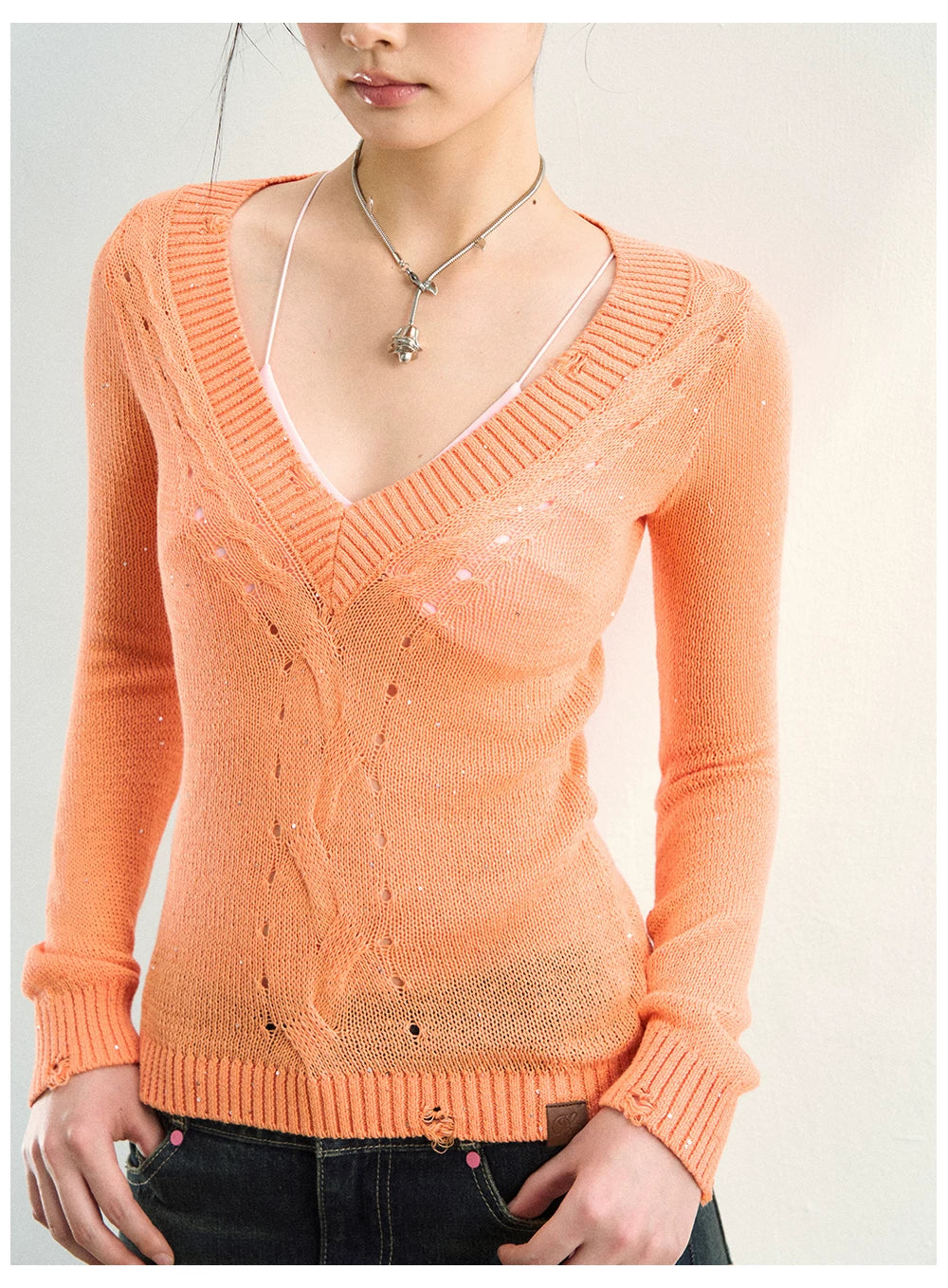 Distressed Openwork V-Neck Knit Top