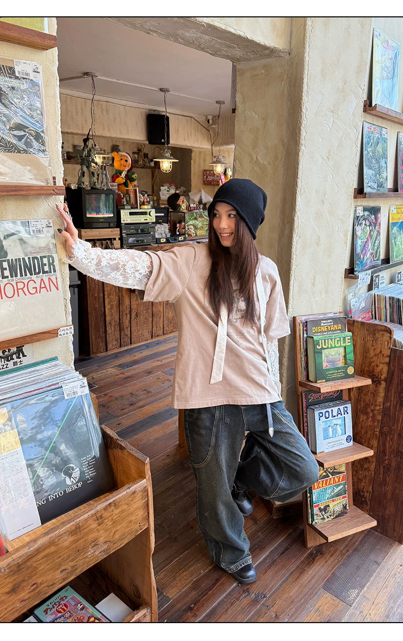 Vintage Washed Panelled Fleece-Lined Denim Pants