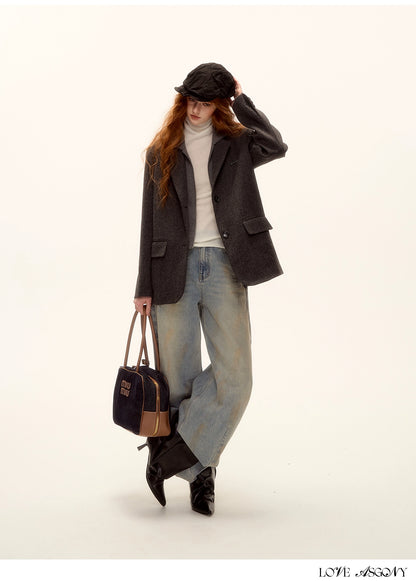 Grey Layered Wool-Blend Hoodie Blazer