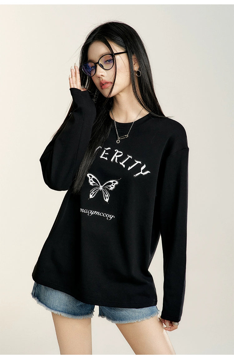 Black &amp; White Rhinestone Butterfly Long-sleeve T-shirt