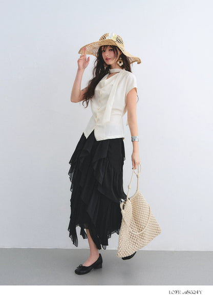 Asymmetric Ruffle Hem Chiffon Midi Skirt
