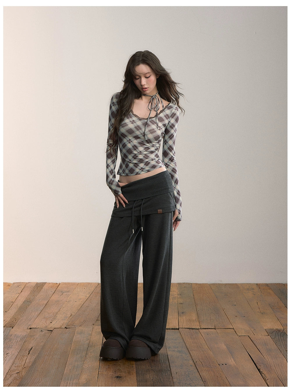 Halter Tie Plaid Long Sleeve T-Shirt