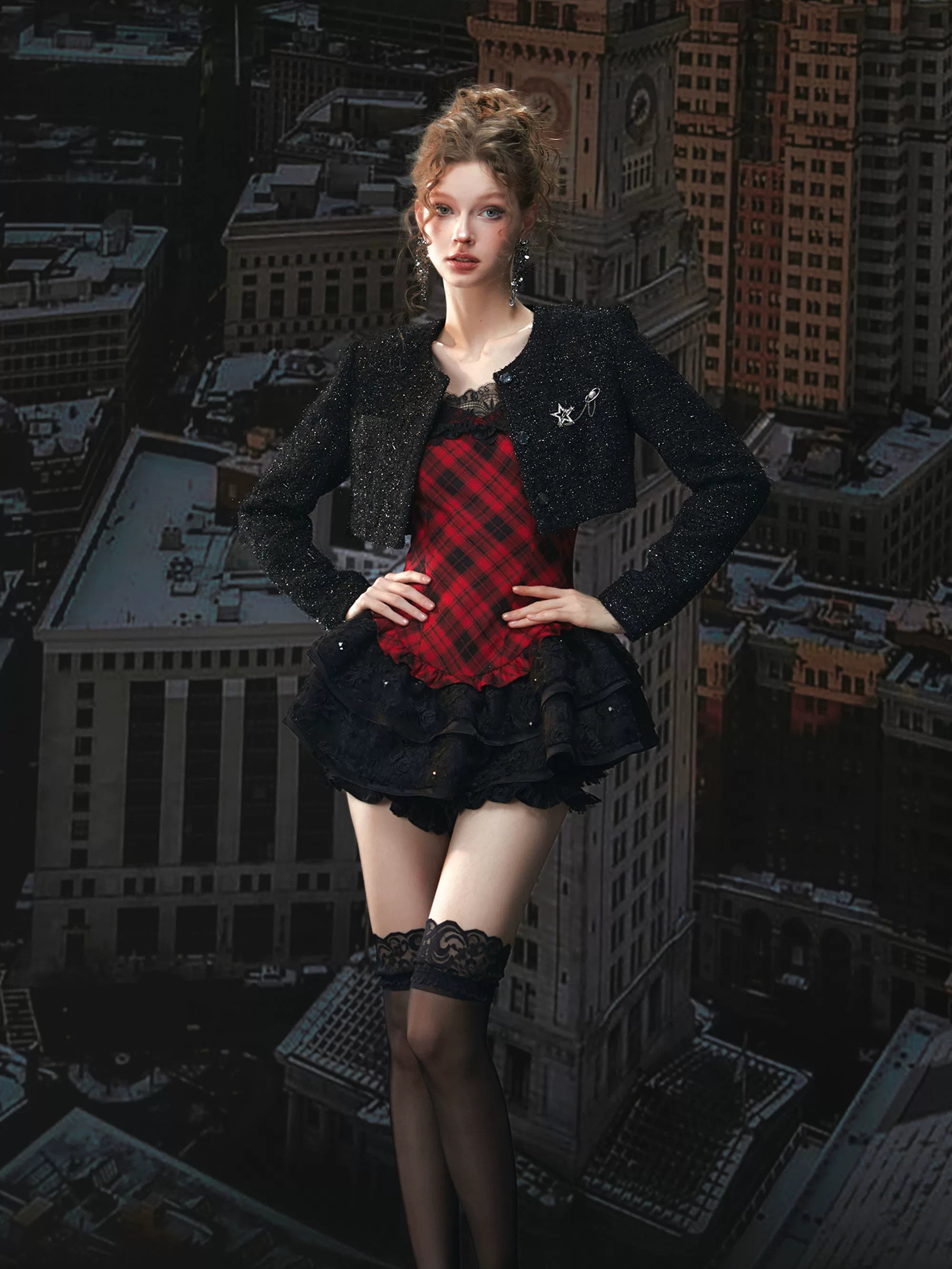 Plaid Puff Dress with Lace Overlay Set