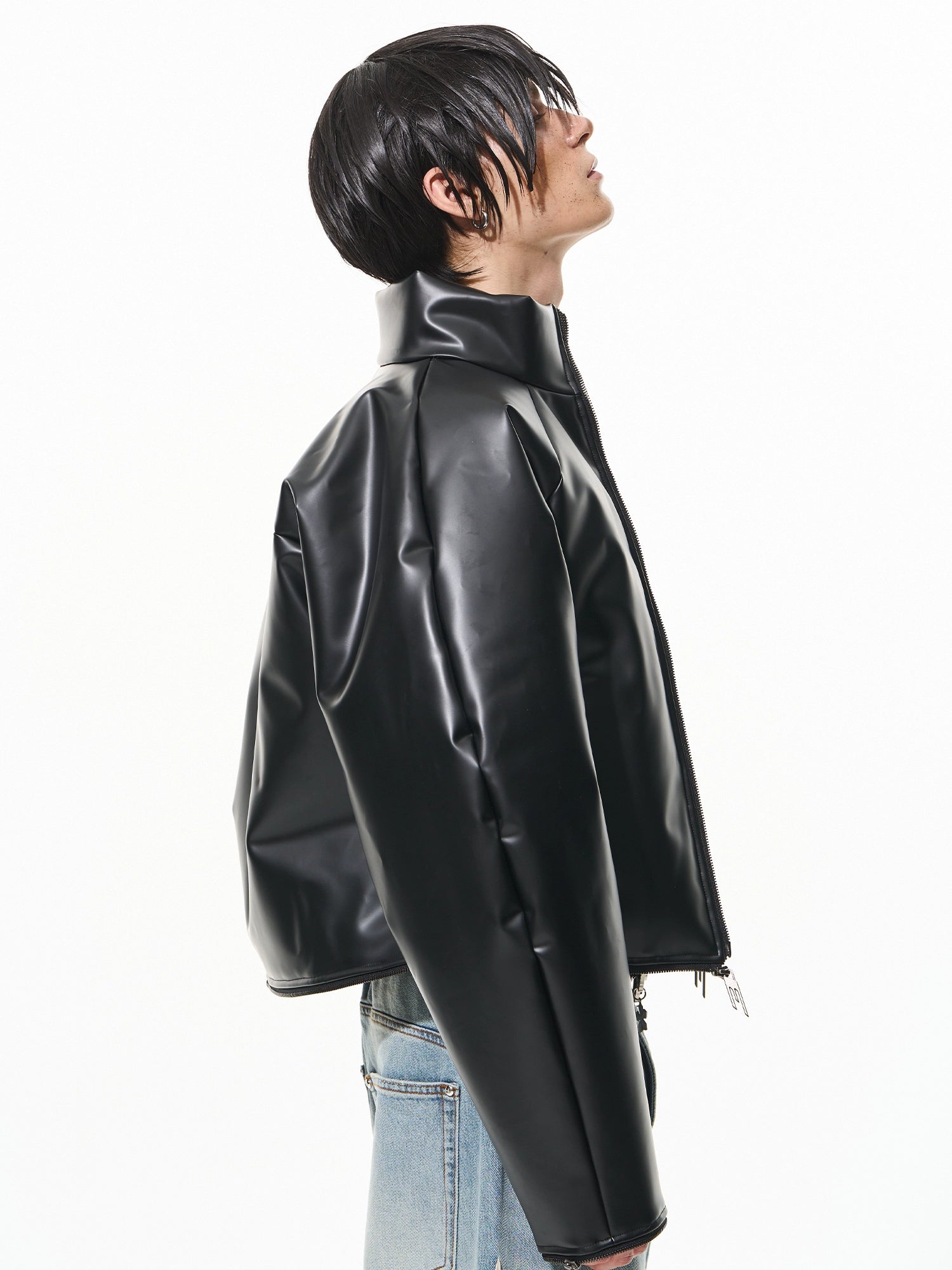 Black Oversized Raglan Sleeve Zipper Puffer Jacket