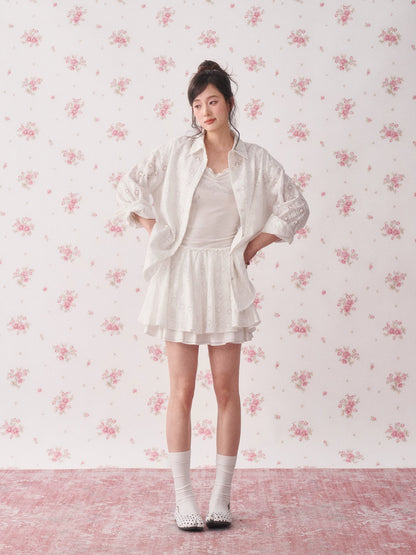 Lace Cutout Shirt &amp; Pleated Skirt Set