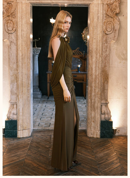 Deva Halter Backless Draped Split Maxi Dress