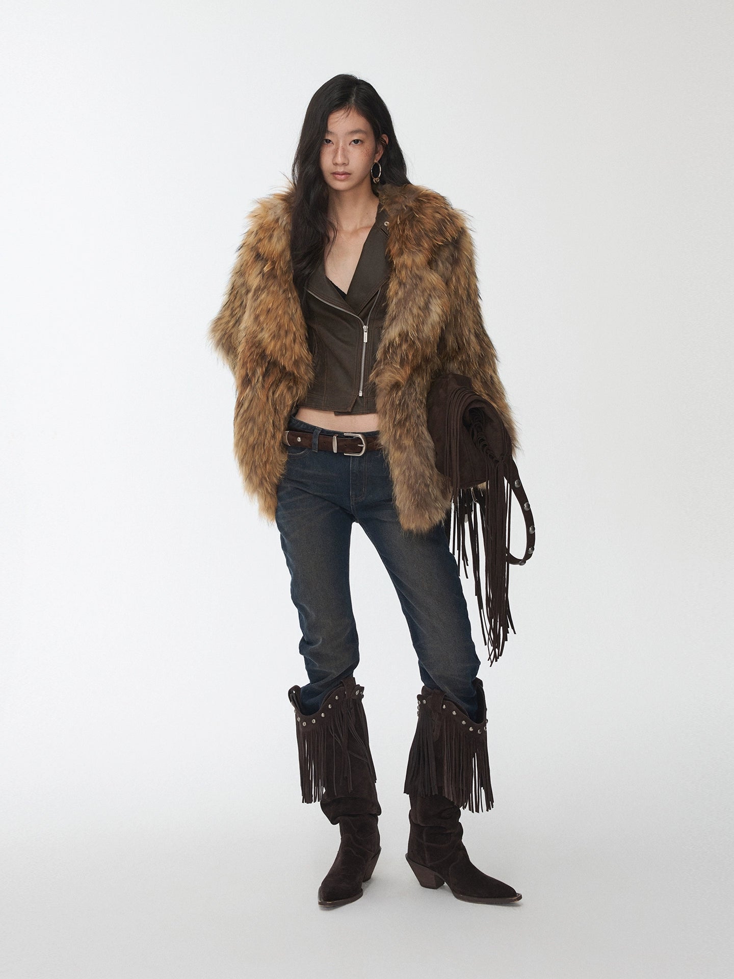 Raccoon Fur Oversized Lapel Woven Coat