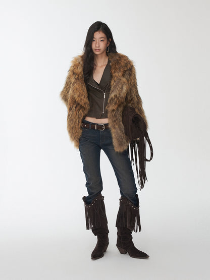 Raccoon Fur Oversized Lapel Woven Coat